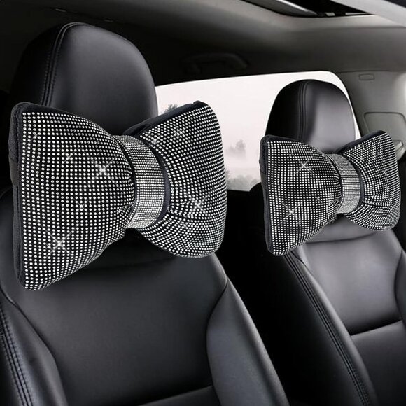 2 PCS Bling Car Pillows, Rhinestones Bowknot Bling Car Headrest Pillow, - Picture 1 of 6